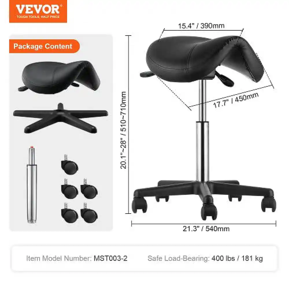 Σκαμπό Σαμαριού με Ρόδες VEVOR, 400 LBS, Ρυθμιζόμενο Ύψος, Μαύρο  MADHSNLMADWKR2KEMV0