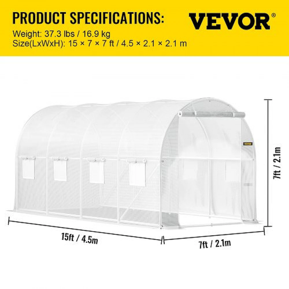 VEVOR Θερμοκήπιο Σήραγγας 15x7x7 ft με Γαλβανισμένους Στύλους, 2 Πόρτες & 8 Παράθυρα, Λευκό YDSDWSB1577FTL33VV0 VEVOR Θερμοκήπιο Σήραγγας 15x7x7 ft με Γαλβανισμένους Στύλους, 2 Πόρτες & 8 Παράθυρα, Λευκό YDSDWSB1577FTL33VV0