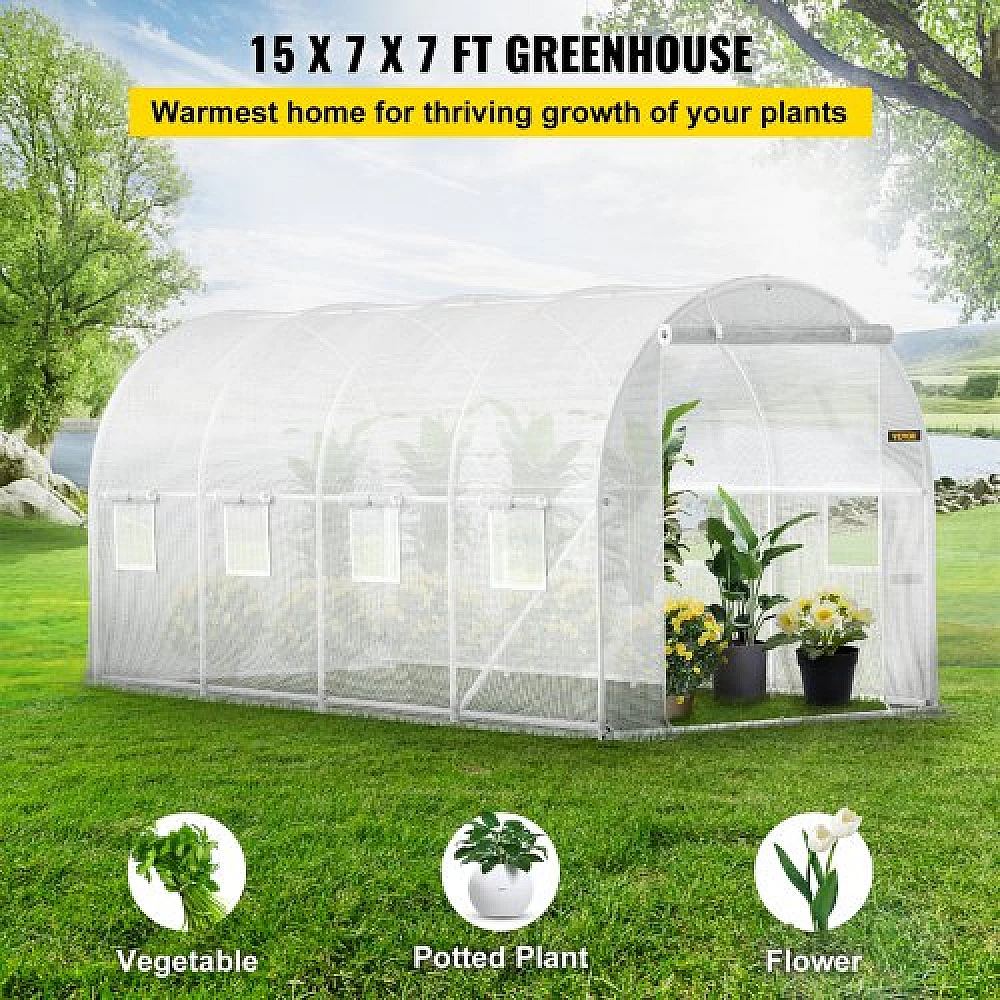 VEVOR Θερμοκήπιο Σήραγγας 15x7x7 ft με Γαλβανισμένους Στύλους, 2 Πόρτες & 8 Παράθυρα, Λευκό  YDSDWSB1577FTL33VV0