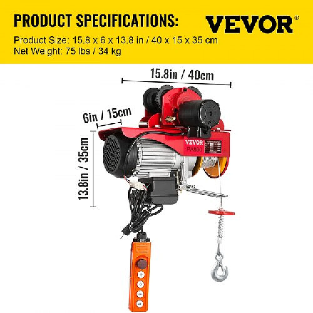 Ηλεκτρικός Γερανός VEVOR 800Kg/1700Lbs 1300W με Τρόλεϊ 12M/40Ft DDHL800KGXCZH0001V2 Ηλεκτρικός Γερανός VEVOR 800Kg/1700Lbs 1300W με Τρόλεϊ 12M/40Ft DDHL800KGXCZH0001V2
