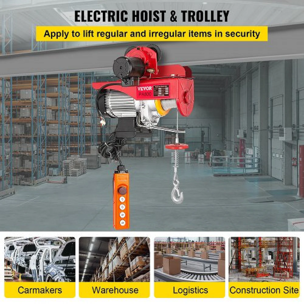 Ηλεκτρικός Γερανός VEVOR 800Kg/1700Lbs 1300W με Τρόλεϊ 12M/40Ft  DDHL800KGXCZH0001V2