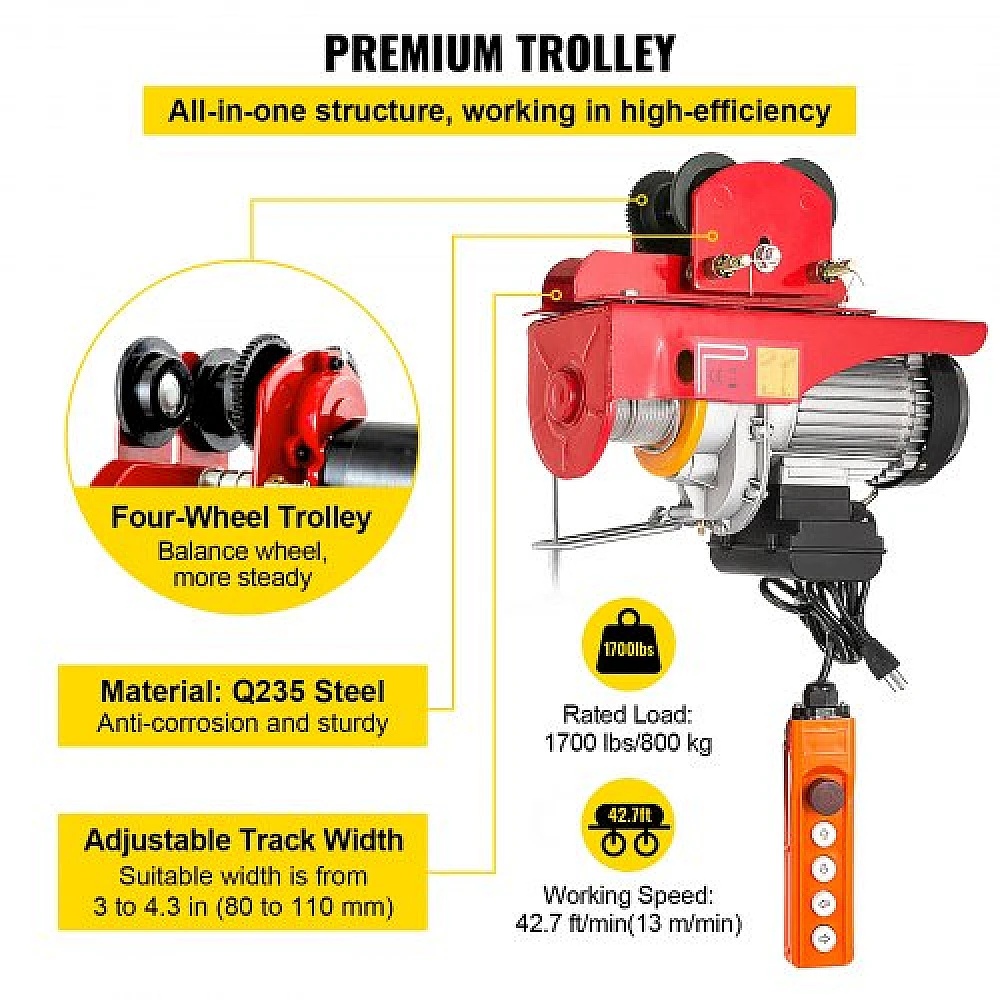 Ηλεκτρικός Γερανός VEVOR 800Kg/1700Lbs 1300W με Τρόλεϊ 12M/40Ft DDHL800KGXCZH0001V2 Ηλεκτρικός Γερανός VEVOR 800Kg/1700Lbs 1300W με Τρόλεϊ 12M/40Ft DDHL800KGXCZH0001V2