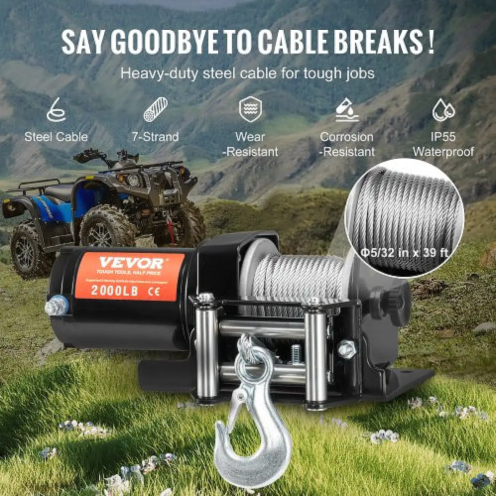 Ηλεκτρικό Βίντσι VEVOR 2000 lb Ατσάλινο Καλώδιο IP55 Αδιάβροχο με Ενσύρματο Έλεγχο  ATVGSSJP2000PXII1V9