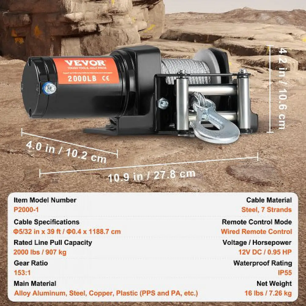 Ηλεκτρικό Βίντσι VEVOR 2000 lb Ατσάλινο Καλώδιο IP55 Αδιάβροχο με Ενσύρματο Έλεγχο  ATVGSSJP2000PXII1V9