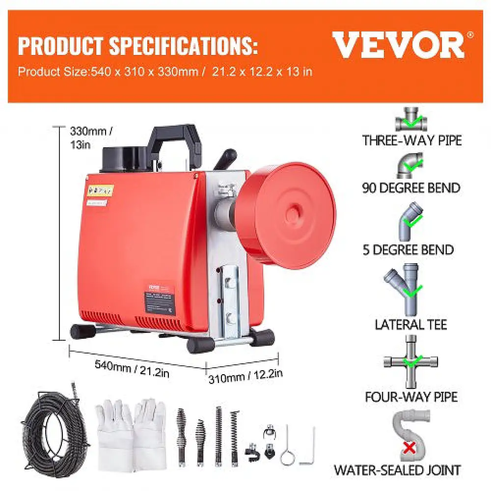 VEVOR Μηχανή Καθαρισμού Αποχέτευσης 20m x 16mm 250W Χειροκίνητο Τροφοδοτικό  XSGDSTJ250W540ZG9V2