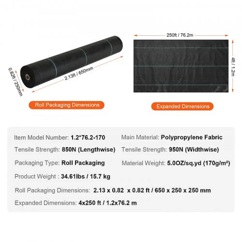 VEVOR Υφασμάτινο Φράγμα Ζιζανίων 4x250FT, 5OZ Υφαντό Γεωύφασμα για Κήπο και Διάδρομο  JBXBZ4250FT5TV2E2V0