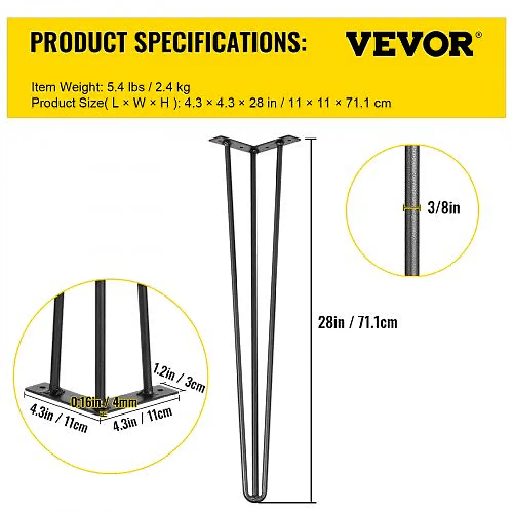 Σετ 4 Μαύρα Πόδια Τραπεζιού VEVOR 28" για Βάρος 220lbs από Ανθρακοχάλυβα  TZZT4PCS28YC3G001V0