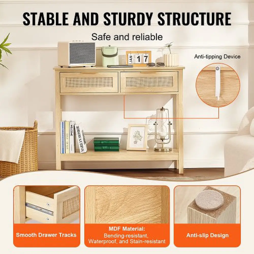 Τραπέζι Κονσόλα VEVOR Rattan με 2 Συρτάρια και Συρόμενη Πόρτα Φυσικό  TBXGZ2CMSYGBWFU0TV0