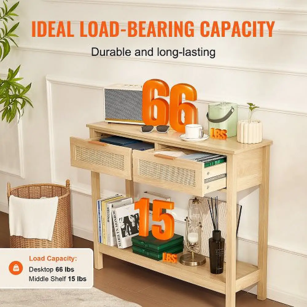 Τραπέζι Κονσόλα VEVOR Rattan με 2 Συρτάρια και Συρόμενη Πόρτα Φυσικό  TBXGZ2CMSYGBWFU0TV0