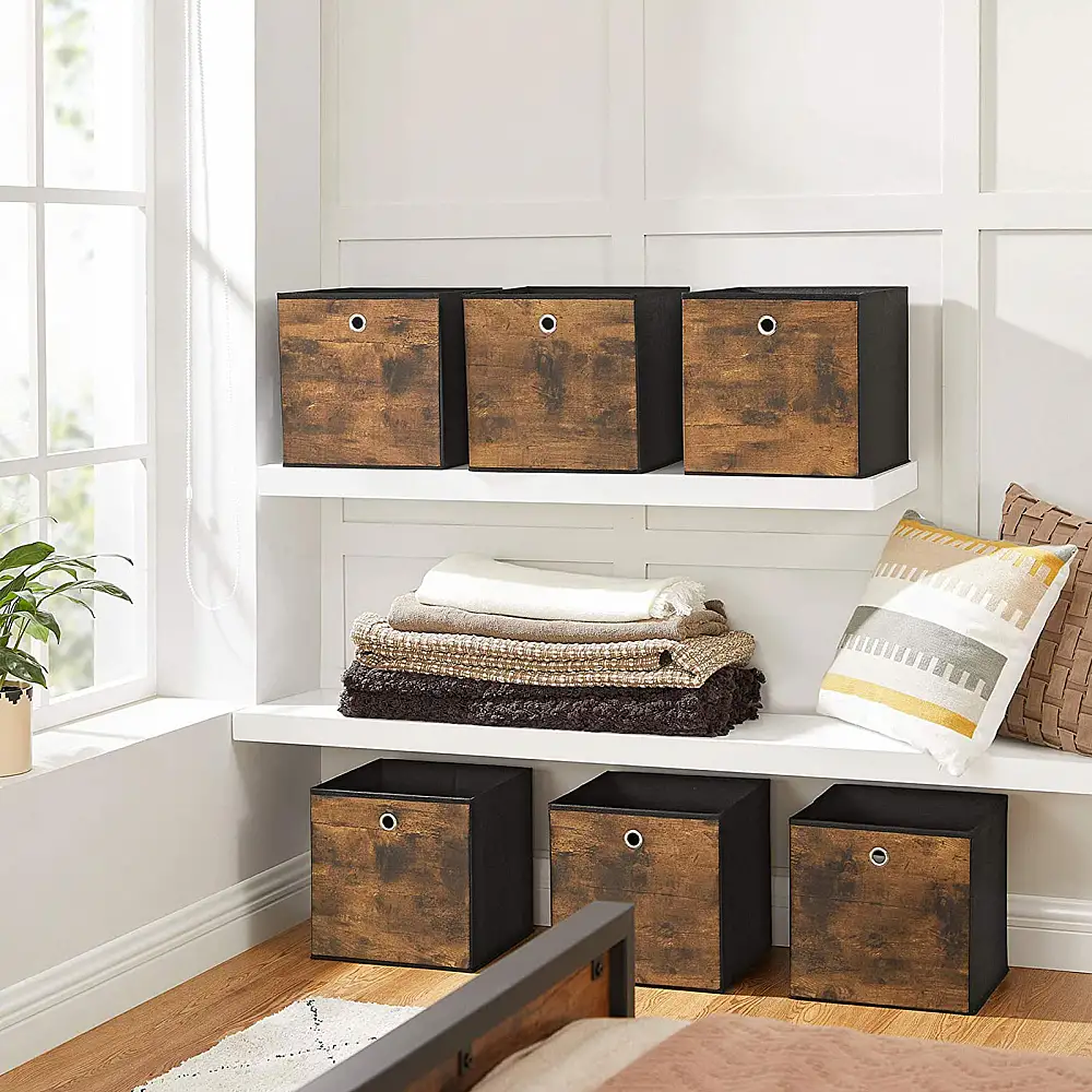 SONGMICS Πτυσσόμενα Κουτιά Αποθήκευσης - Σετ 6 Κομψών Κύβων Αποθήκευσης σε Ρουστίκ Καφέ και Μαύρο, 30 x 30 x 30 cm, RFB102B01 