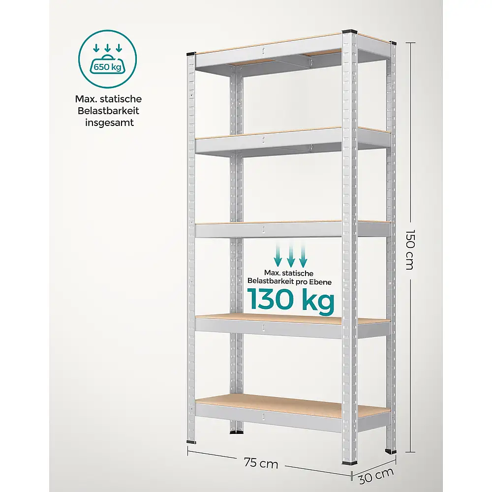Ράφι SONGMICS 5 Επιπέδων, Χωρίς Βίδες, 650 kg, 30x75x150 cm, Ασημί 
