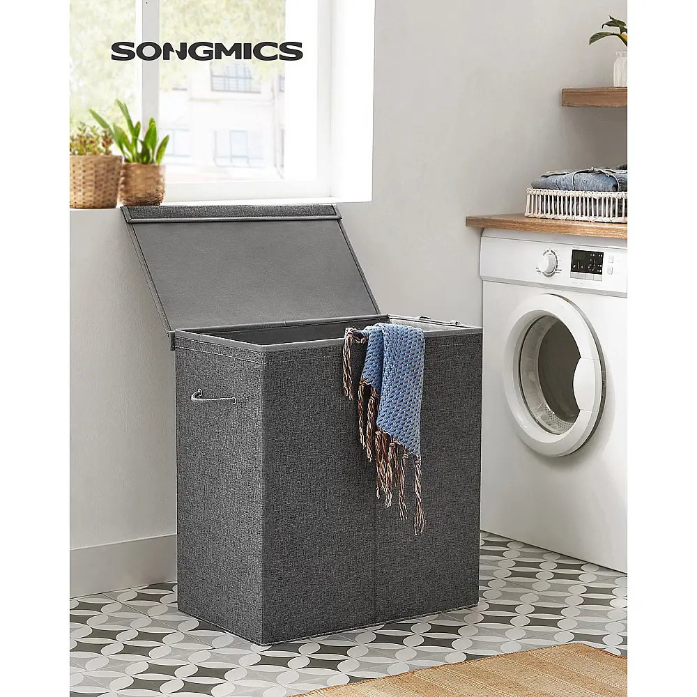 SONGMICS Καλάθι Απλύτων 142L Διπλού Διαμερίσματος 63 x 33 x 53 cm Σκούρο Γκρι, LCB002G02 