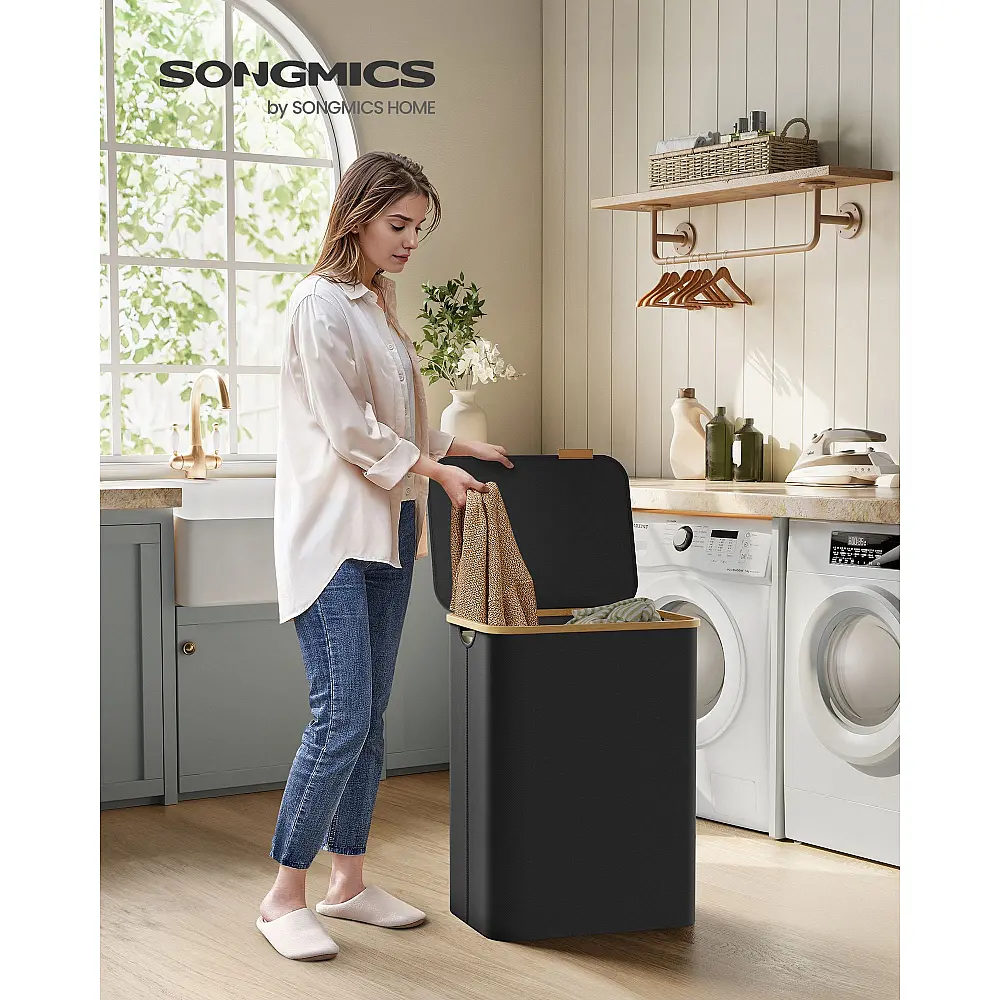 Καλάθι Απλύτων SONGMICS με Καπάκι, 2 Θέσεων, 130L, Μαύρο 