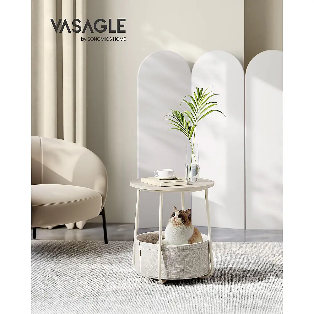 VASAGLE Μικρό Στρογγυλό Τραπεζάκι με Καλάθι Αποθήκευσης, Μοντέρνο, Λευκό 