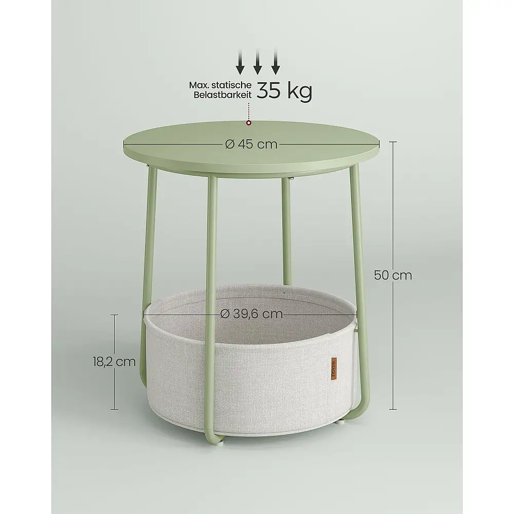 VASAGLE Μικρό Στρογγυλό Τραπέζι με Ύφασμα Καλάθι, Πράσινο/Λευκό LET223C69 