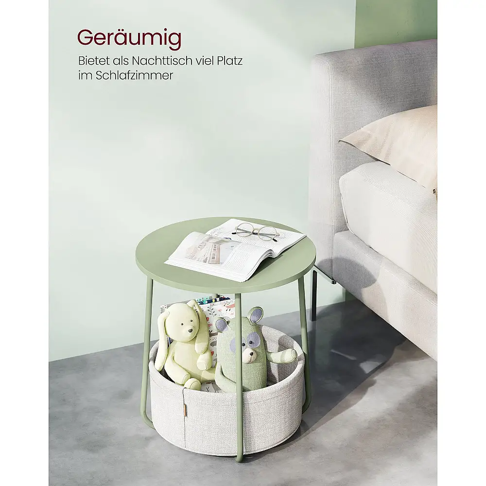 VASAGLE Μικρό Στρογγυλό Τραπέζι με Ύφασμα Καλάθι, Πράσινο/Λευκό LET223C69 