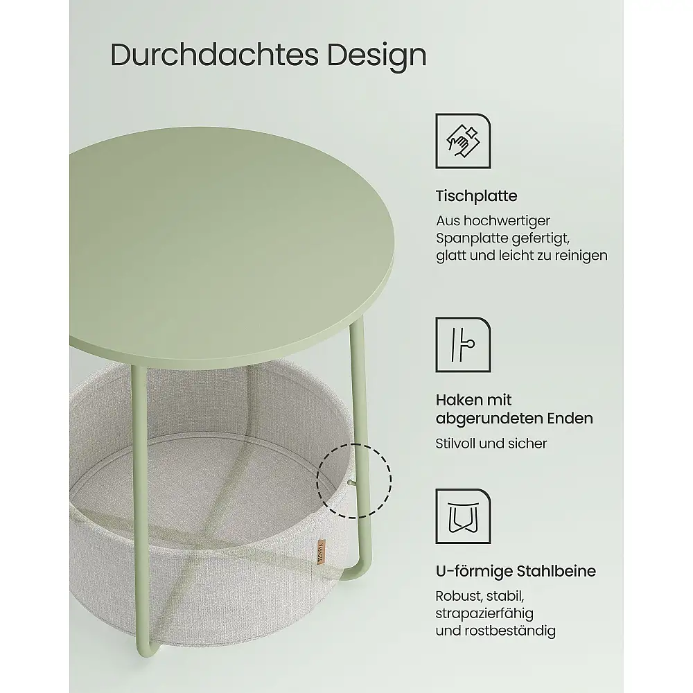 VASAGLE Μικρό Στρογγυλό Τραπέζι με Ύφασμα Καλάθι, Πράσινο/Λευκό LET223C69 