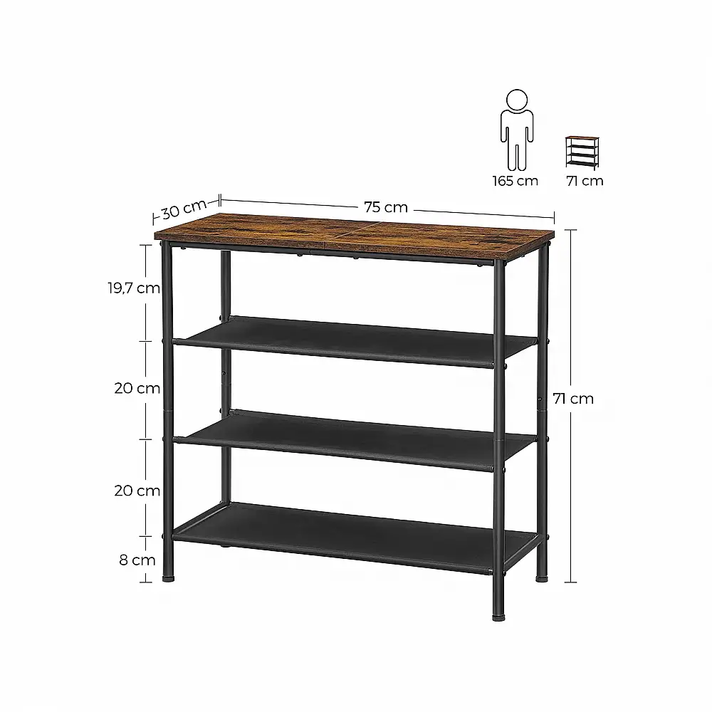 VASAGLE Βιομηχανική Ραφιέρα Παπουτσιών 4 Επιπέδων – Καφέ/Μαύρη, 73 x 30 x 73 cm, LBS035B01 