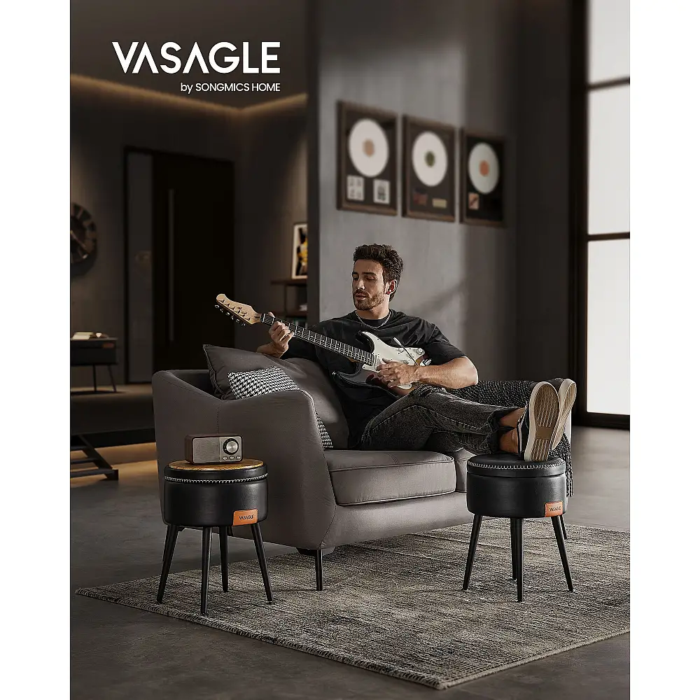 VASAGLE EKHO Σκαμπό Αποθήκευσης, Στρογγυλό Κάθισμα, 150 kg, Μαύρο 