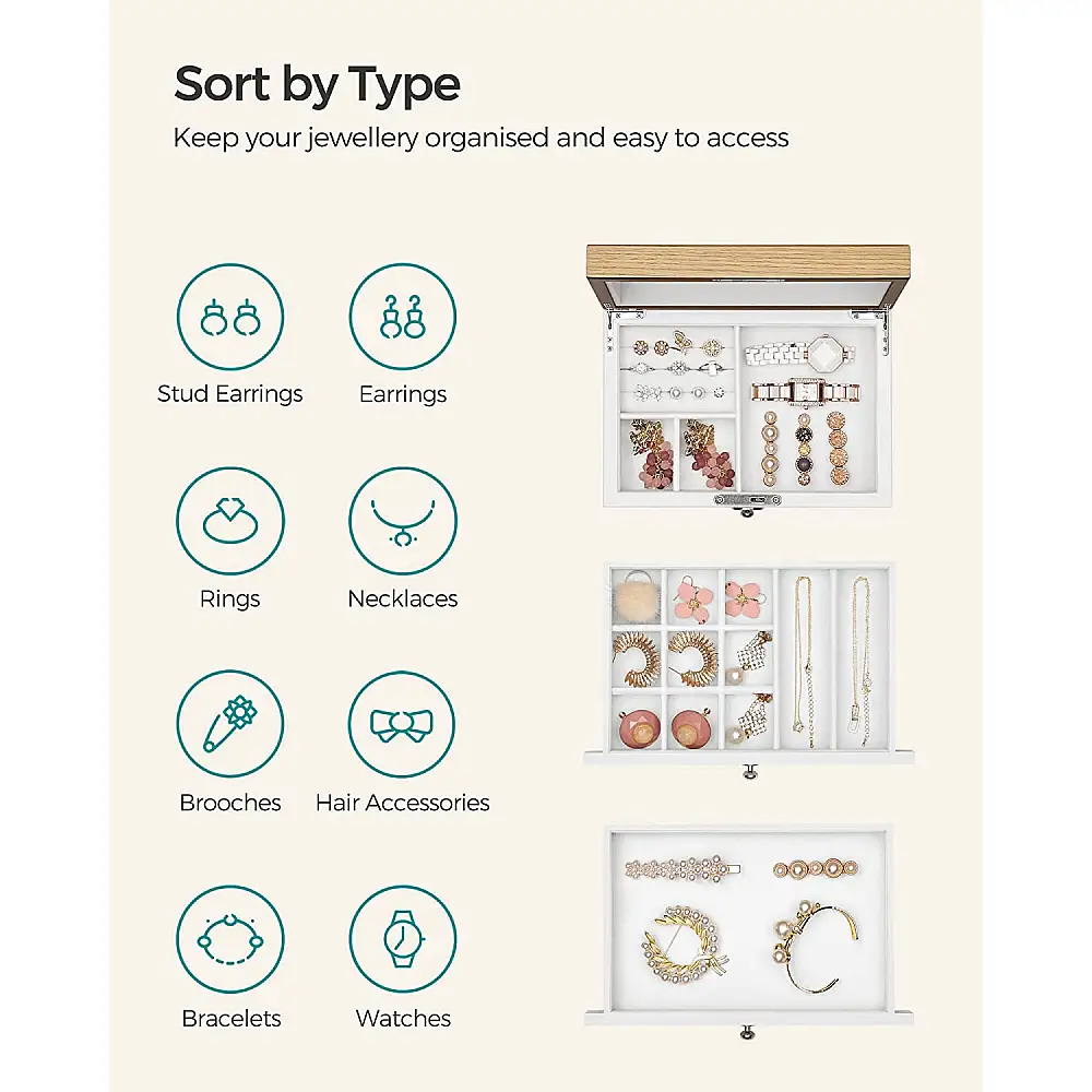 SONGMICS Ξύλινη Μπιζουτιέρα - Κοσμηματοθήκη 3 Επιπέδων με Κλειδαριά και Καθρέφτη 17 x 25 x 15 cm, Λευκό JOW15WNV1&nbsp