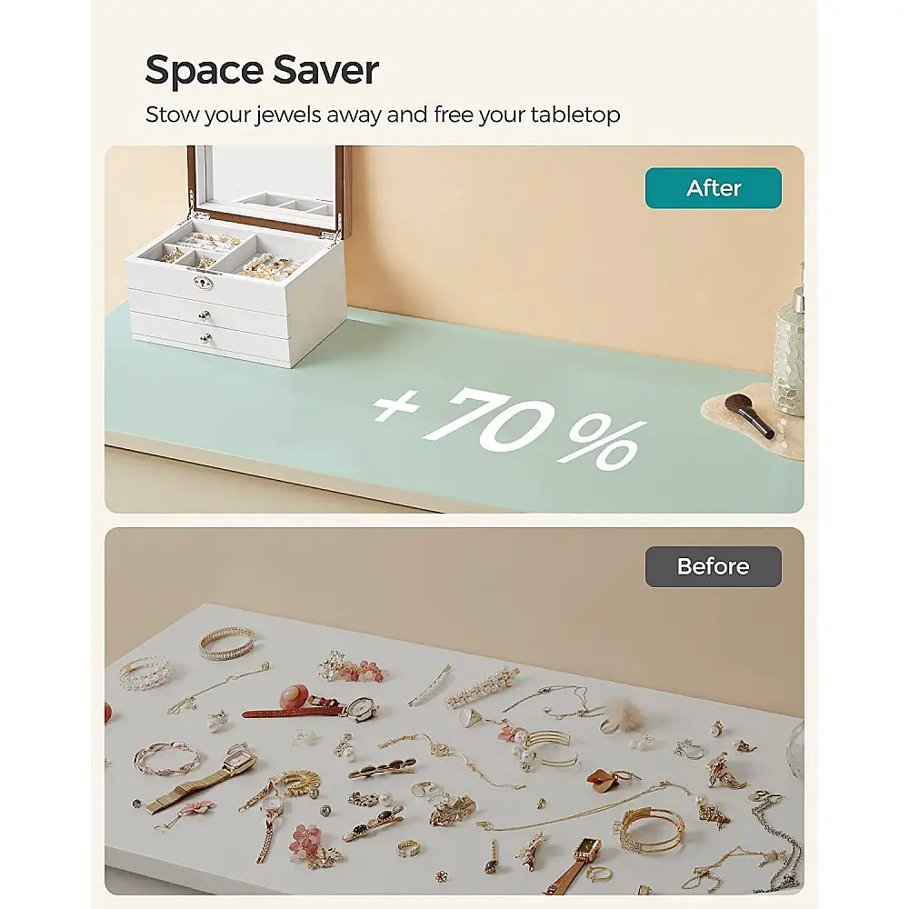 SONGMICS Ξύλινη Μπιζουτιέρα - Κοσμηματοθήκη 3 Επιπέδων με Κλειδαριά και Καθρέφτη 17 x 25 x 15 cm, Λευκό JOW15WNV1&nbsp