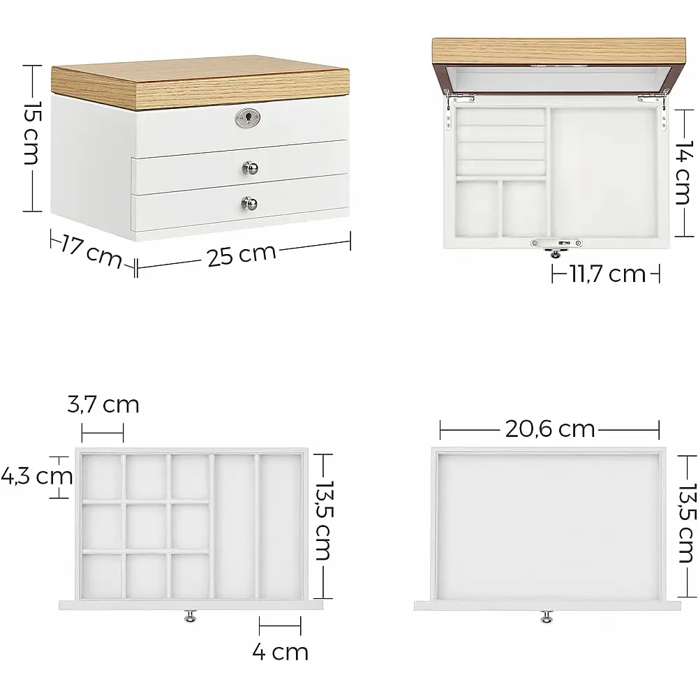 SONGMICS Ξύλινη Μπιζουτιέρα - Κοσμηματοθήκη 3 Επιπέδων με Κλειδαριά και Καθρέφτη 17 x 25 x 15 cm, Λευκό JOW15WNV1&nbsp