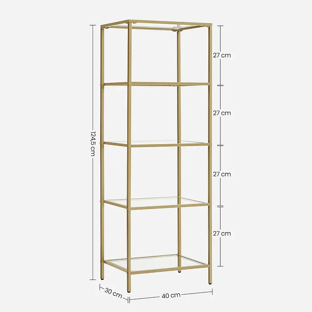 VASAGLE Ράφι Σκάλας 5 Επιπέδων σε Χρυσό – Κομψό Ράφι από Σκληρυμένο Γυαλί & Ατσάλινο Πλαίσιο Χρυσό, 64 x 36 x 160 cm, LGT029A01&nbsp