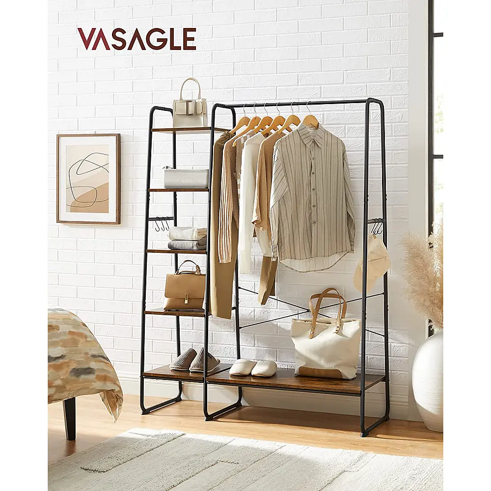VASAGLE Βιομηχανική Κρεμάστρα Ρούχων με 5 Επίπεδα Αποθήκευσης και 6 Πλευρικούς Γάντζους σε Ρουστίκ Καφέ και Μαύρο 