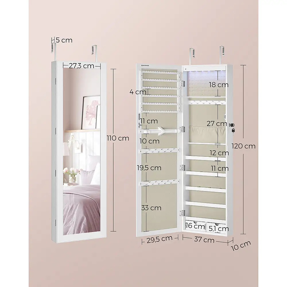 Κοσμηματοθήκη SONGMICS με Καθρέφτη και Κλειδαριά, Λευκή JJC093W01 