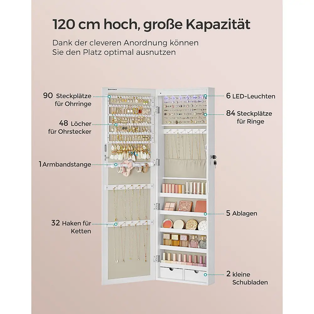 Κοσμηματοθήκη SONGMICS με Καθρέφτη και Κλειδαριά, Λευκή JJC093W01 