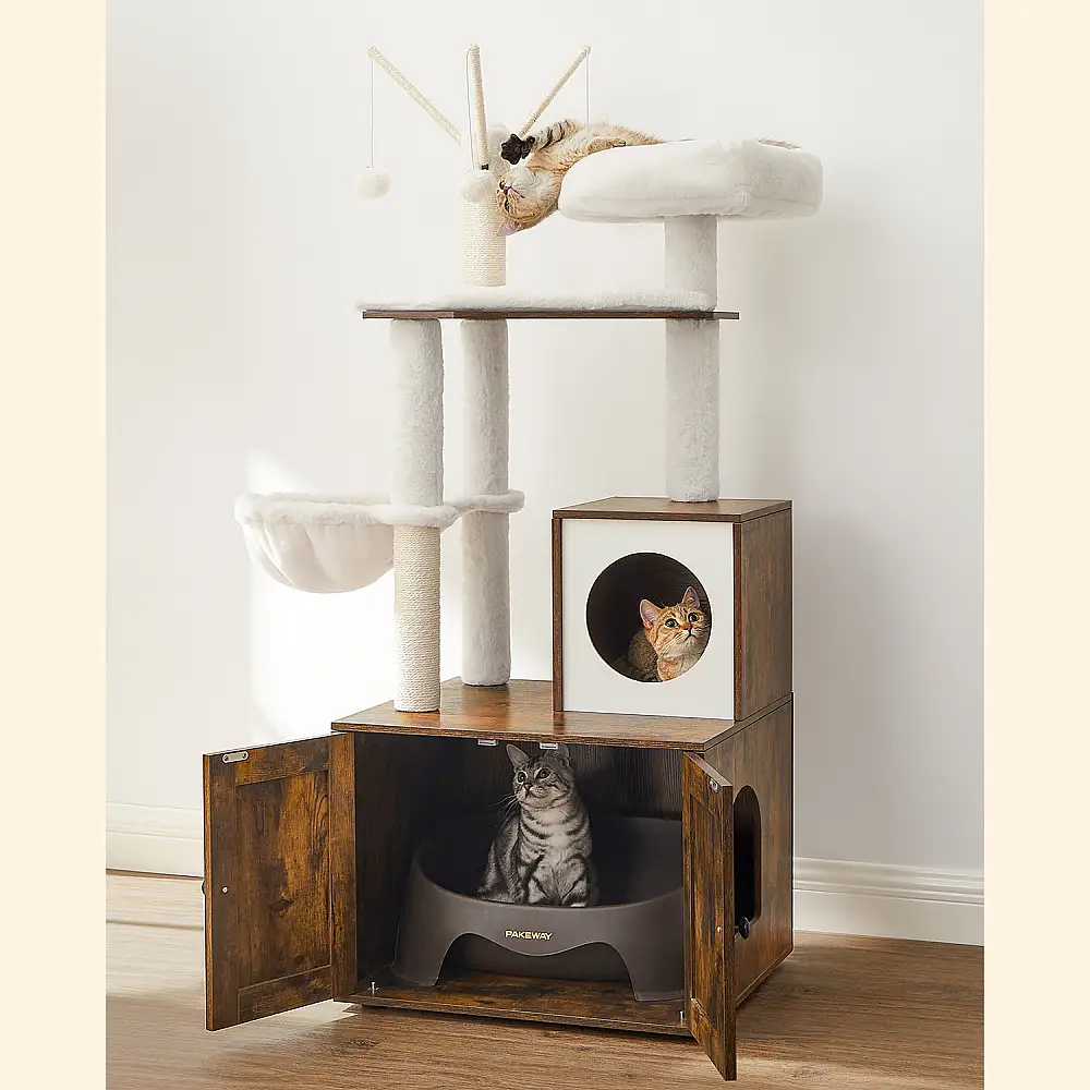 Δέντρο Γάτας - Ονυχοδρόμιο 2 σε 1 με Ενσωματωμένο Ξύλινο Ντουλάπι για Δίσκο Άμμου, Καφέ Μπεζ, PCT113X01 Feandrea