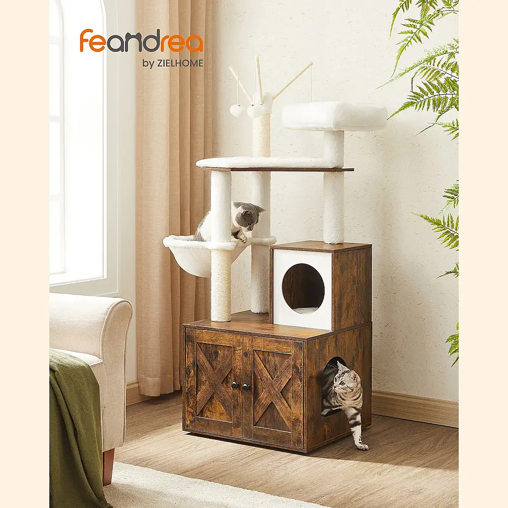 Δέντρο Γάτας - Ονυχοδρόμιο 2 σε 1 με Ενσωματωμένο Ξύλινο Ντουλάπι για Δίσκο Άμμου, Καφέ Μπεζ, PCT113X01 Feandrea