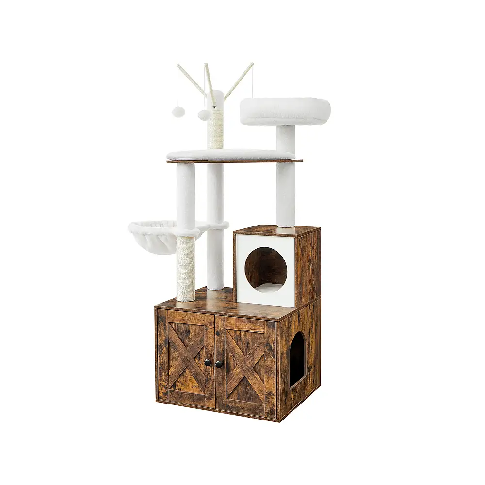 Δέντρο Γάτας - Ονυχοδρόμιο 2 σε 1 με Ενσωματωμένο Ξύλινο Ντουλάπι για Δίσκο Άμμου, Καφέ Μπεζ, PCT113X01 Feandrea