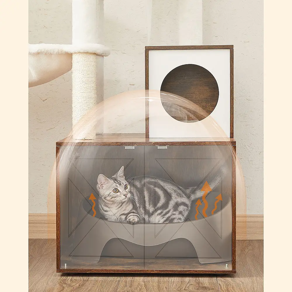 Δέντρο Γάτας - Ονυχοδρόμιο 2 σε 1 με Ενσωματωμένο Ξύλινο Ντουλάπι για Δίσκο Άμμου, Καφέ Μπεζ, PCT113X01 Feandrea