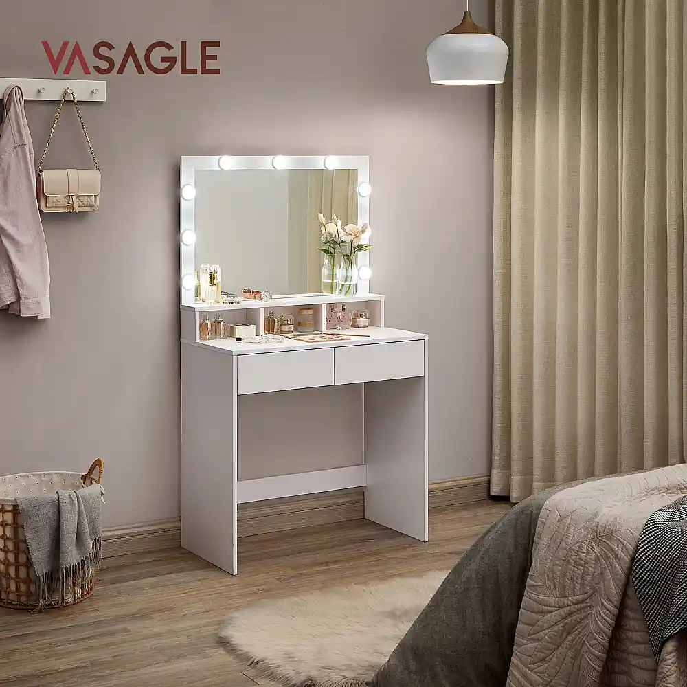 VASAGLE Λευκό Τραπέζι Μακιγιάζ με Ρυθμιζόμενο Καθρέφτη LED και Έλεγχο Φωτεινότητας, 2 Συρτάρια και 3 Ανοιχτές Θήκες - Λευκό, 80 x 40 x 137.5 cm, RDT120T10&nbsp