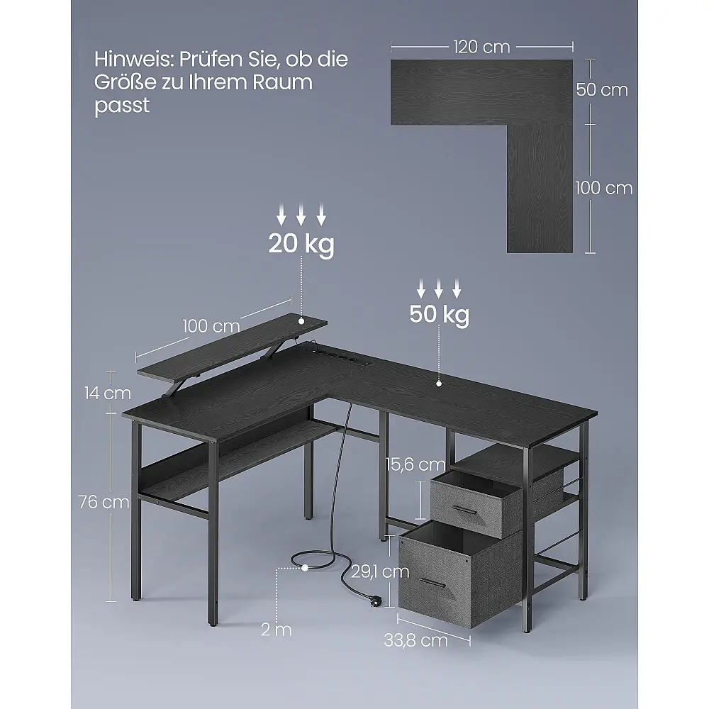 VASAGLE Γραφείο Γωνιακό με Ράφι & LED, 2 Συρτάρια, 2 USB, Μαύρο VASAGLE Γραφείο Γωνιακό με Ράφι & LED, 2 Συρτάρια, 2 USB, Μαύρο