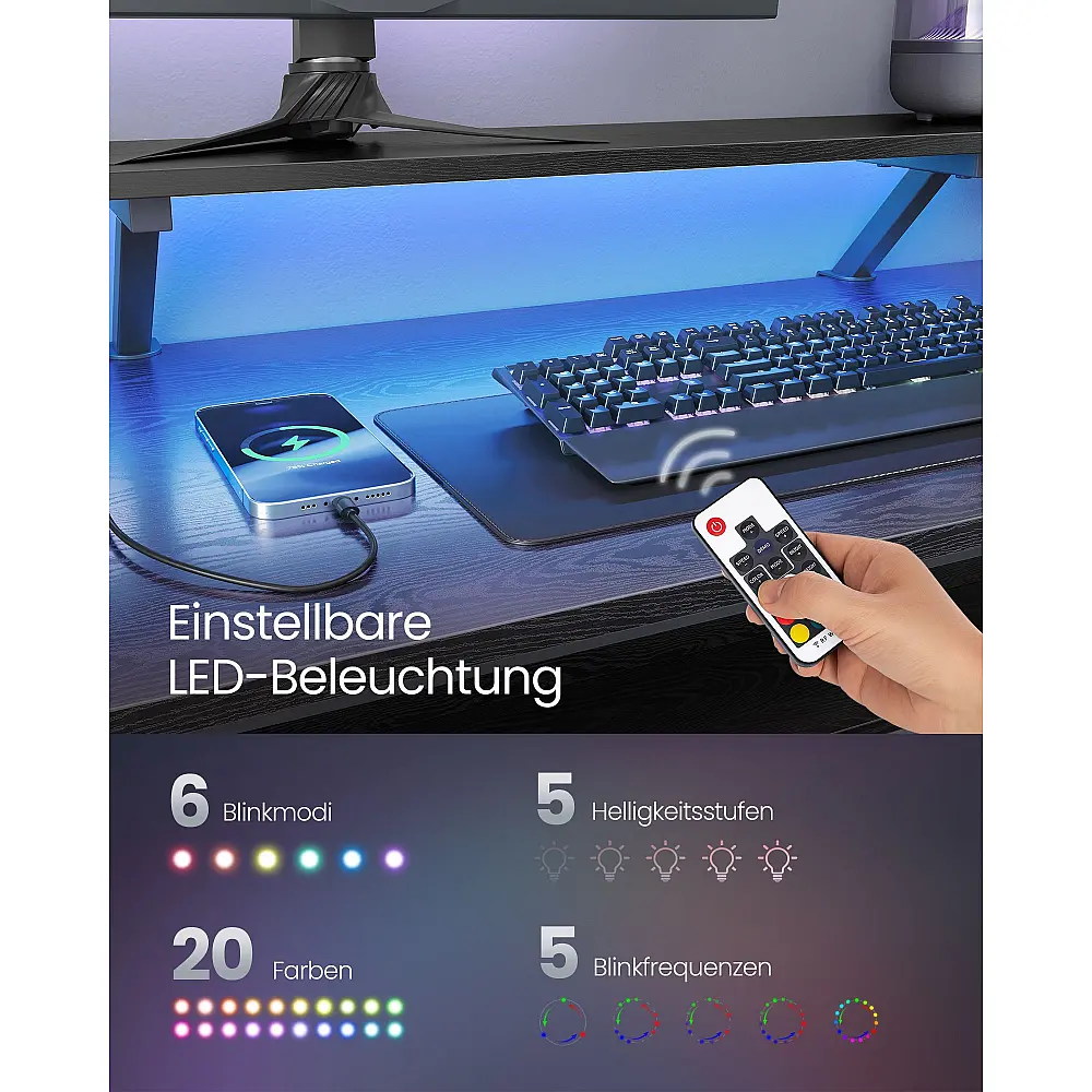 VASAGLE Γραφείο Γωνιακό με Ράφι & LED, 2 Συρτάρια, 2 USB, Μαύρο VASAGLE Γραφείο Γωνιακό με Ράφι & LED, 2 Συρτάρια, 2 USB, Μαύρο