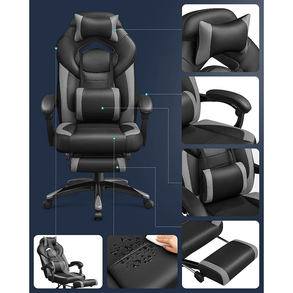 SONGMICS Εργονομική Καρέκλα Gaming με Υποπόδιο, Ρυθμιζόμενο Προσκέφαλο, Υποστήριξη Οσφυϊκής Μοίρας, Μέγιστού Βάρους 150 kg, Μαύρο & Γκρι,OBG77BG 