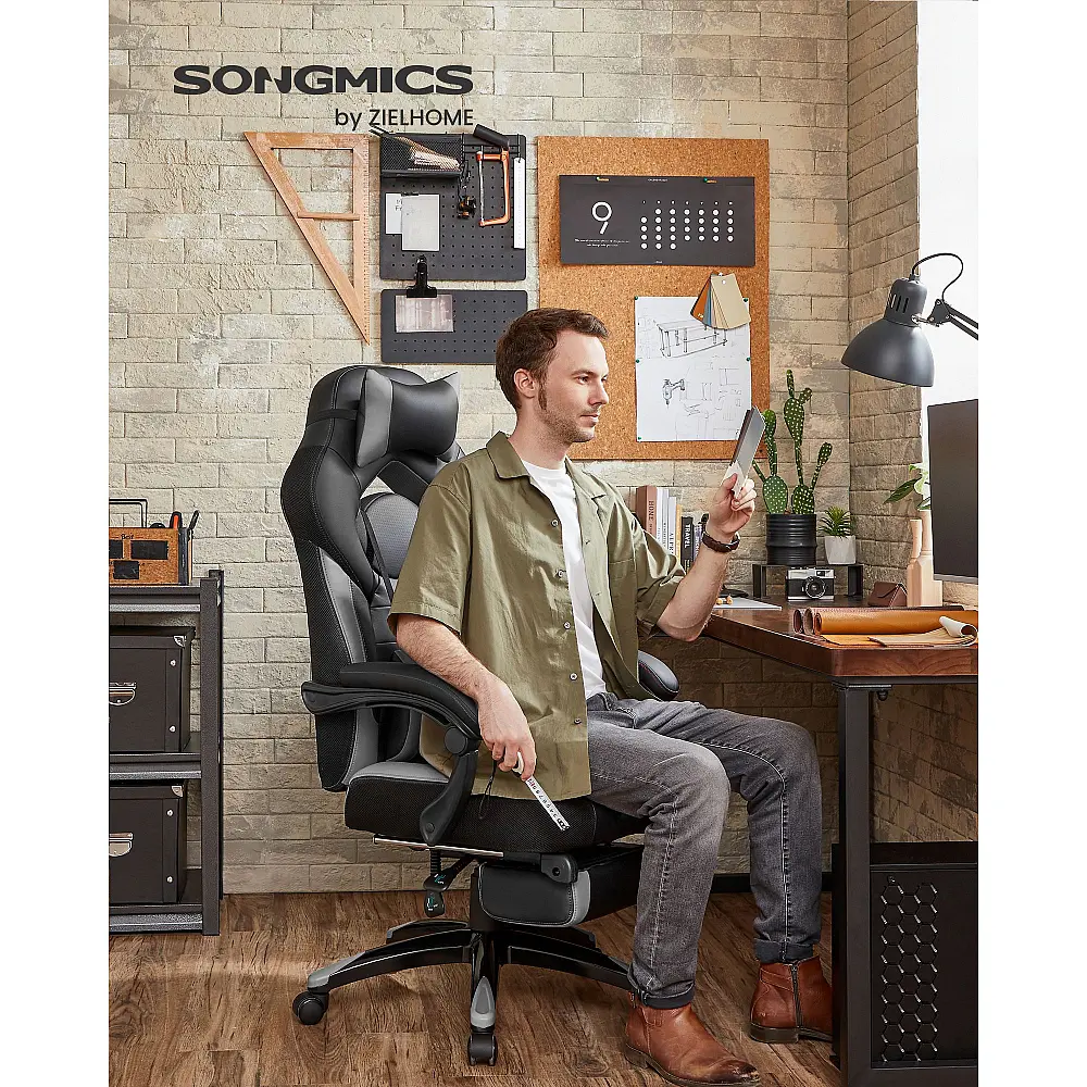 SONGMICS Εργονομική Καρέκλα Gaming με Υποπόδιο, Ρυθμιζόμενο Προσκέφαλο, Υποστήριξη Οσφυϊκής Μοίρας, Μέγιστού Βάρους 150 kg, Μαύρο & Γκρι,OBG77BG 