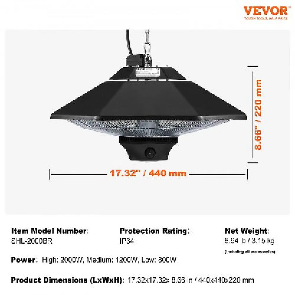 VEVOR Κρεμαστός Θερμαντήρας Βεράντας 2000W με Τηλεχειριστήριο  HWXJRQ2KWSXXDUILIV2