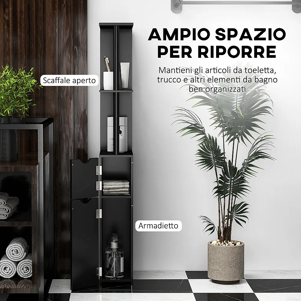 Kleankin  Στήλη Μπάνιου με 2 Ράφια και 2 Ντουλάπια, Ψηλό Έπιπλο Εξοικονόμησης Χώρου 15.2x29.8x118 εκ., Μαύρο  834-456V80BK