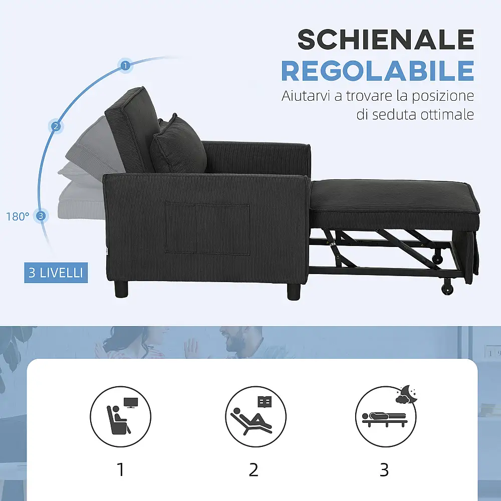 HOMCOM  Πολυθρόνα Κρεβάτι Ανακλινόμενη με Πλαϊνές Τσέπες, από Ύφασμα με Αίσθηση Βελούδου, 74x84x81 εκ., Σκούρο Γκρι  83B-233V00CG