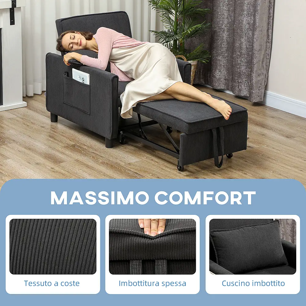 HOMCOM  Πολυθρόνα Κρεβάτι Ανακλινόμενη με Πλαϊνές Τσέπες, από Ύφασμα με Αίσθηση Βελούδου, 74x84x81 εκ., Σκούρο Γκρι  83B-233V00CG