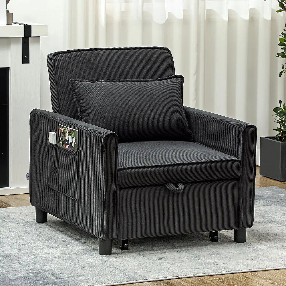 HOMCOM  Πολυθρόνα Κρεβάτι Ανακλινόμενη με Πλαϊνές Τσέπες, από Ύφασμα με Αίσθηση Βελούδου, 74x84x81 εκ., Σκούρο Γκρι  83B-233V00CG