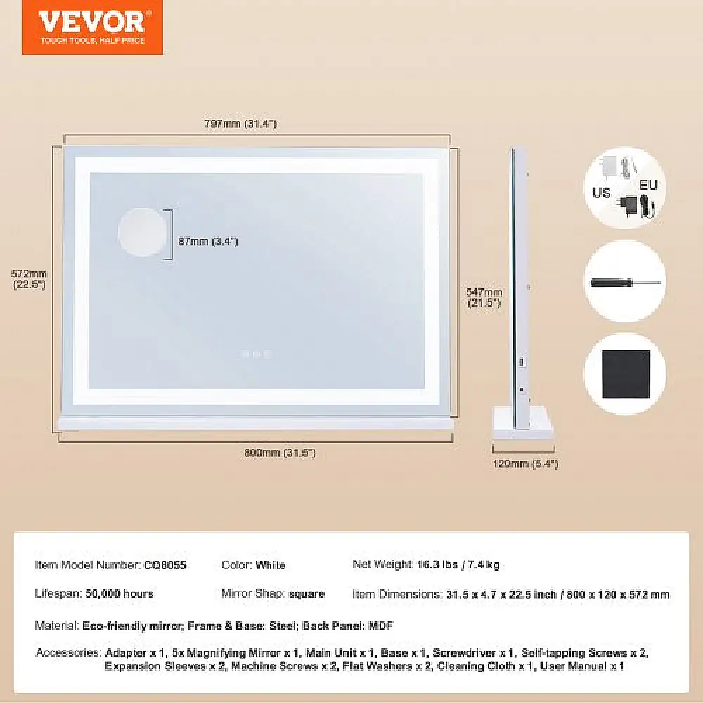 VEVOR  Φωτιζόμενος Καθρέφτης Μακιγιάζ 3 Χρωμάτων με USB Επιτραπέζιος/Τοίχου 80x55εκ TMHZJJSFXDD8GJ8WCV2