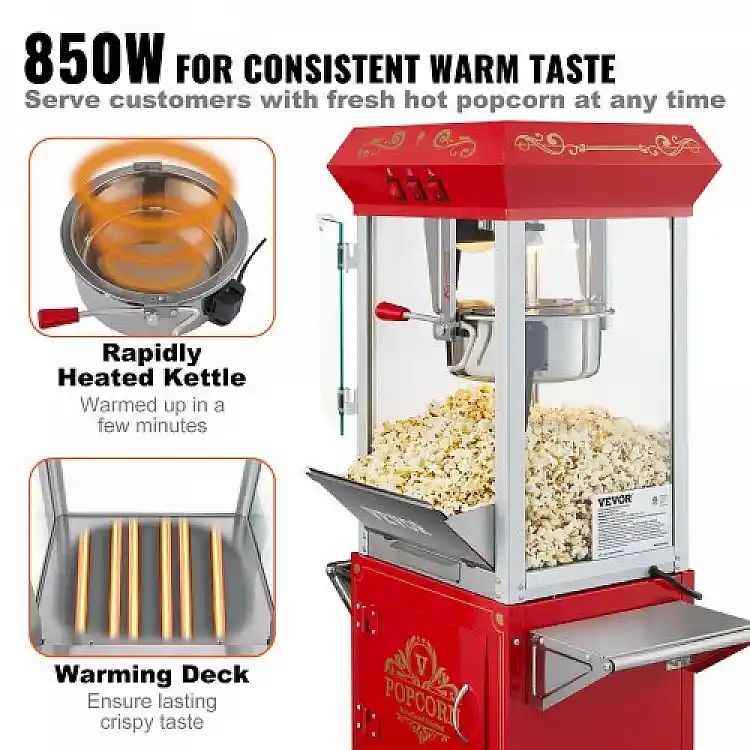 VEVOR  Μηχανή Ποπκόρν με Καρότσι 850W 8 Oz 48 Κούπες Κόκκινη CSBMHJ8OZ850W171EV2
