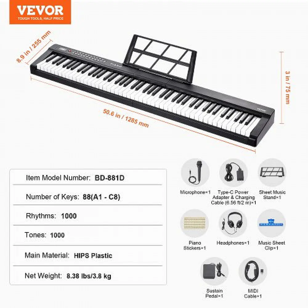 VEVOR  88 Πλήκτρα Ψηφιακό Πιάνο Ημι-Βαρυκεντρισμένο Φορητό Ηλεκτρικό Πλήρους Μεγέθους 88JBPZSMGQ88WU1LTV2