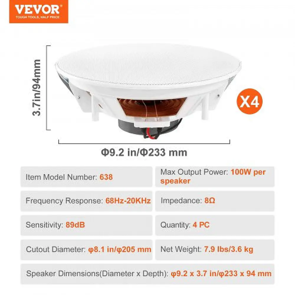 VEVOR  4 Ηχεία Οροφής 8" 100W Εντοιχισμού DPXDYSQ8YCSZTSBN5V9