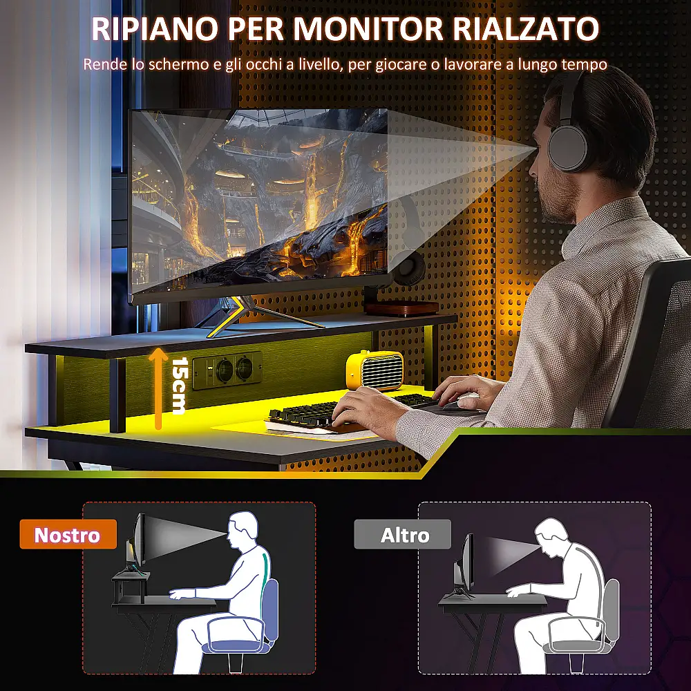 HOMCOM  Γραφείο Gaming με LED Φώτα και Υποστήριξη για Οθόνη, από Μοριοσανίδα και Ατσάλι, 100x60x88.5 εκ., Μαύρο  920-094V90BK