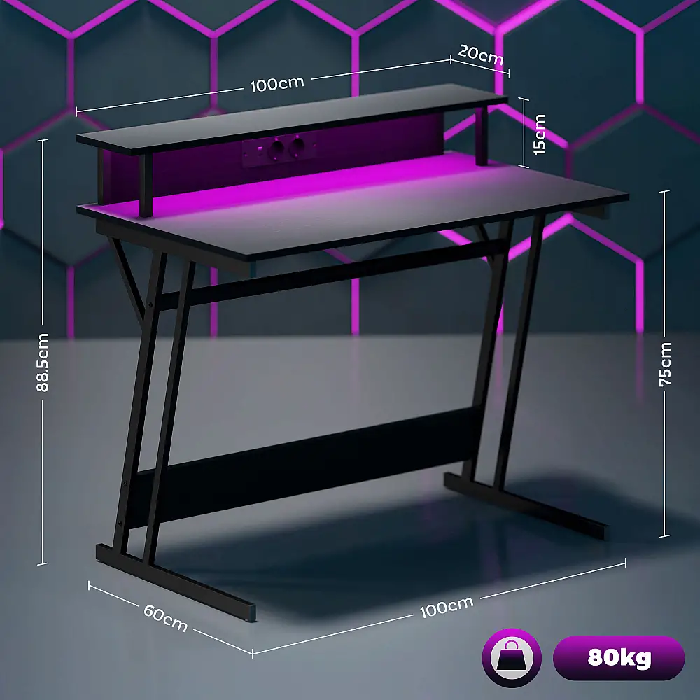 HOMCOM  Γραφείο Gaming με LED Φώτα και Υποστήριξη για Οθόνη, από Μοριοσανίδα και Ατσάλι, 100x60x88.5 εκ., Μαύρο  920-094V90BK